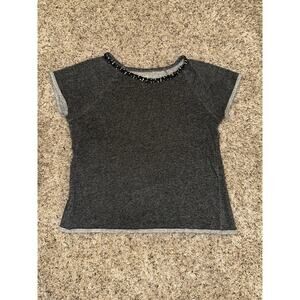 LOFT Gray French Terry Short Sleeve Top Small Beaded Embellished Neckline